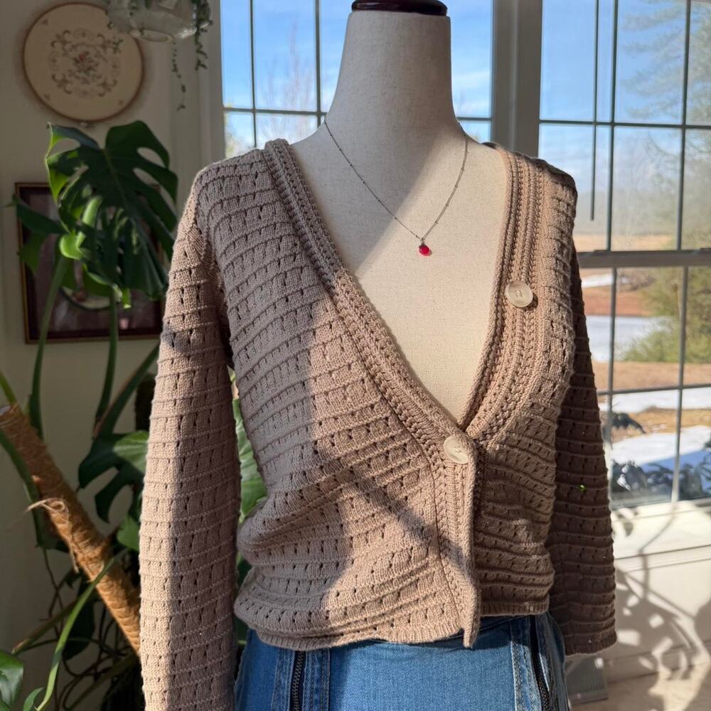 Taupe Latte Brown Knit Button Up Fitted Cardigan Loft XS
